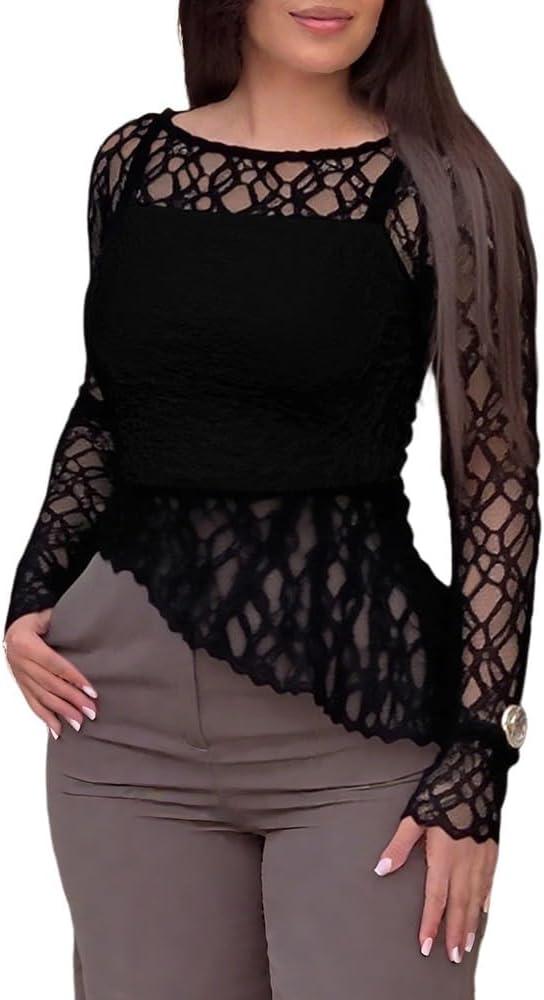 CHICME Womens Long Sleeve Mesh Top Round Neck Lace Floral See Through Blouses Casual Asymmetrical Shirt (Without Tank) (Black, S)