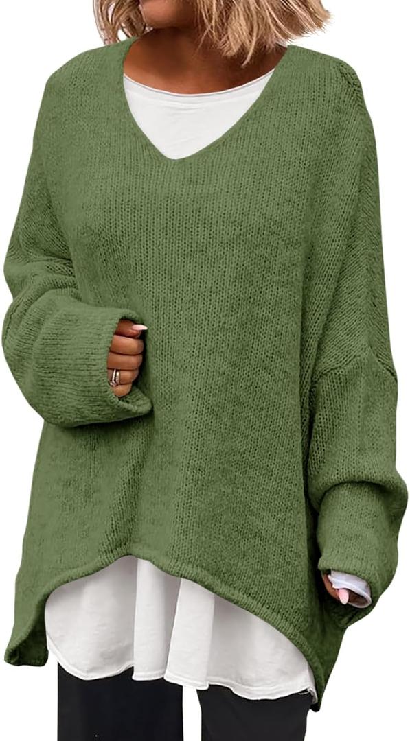 Saodimallsu Womens Oversized V Neck Sweaters Batwing Long Sleeve Knit Fall Slouchy Pullover Sweater Tops (Large, Army Green)