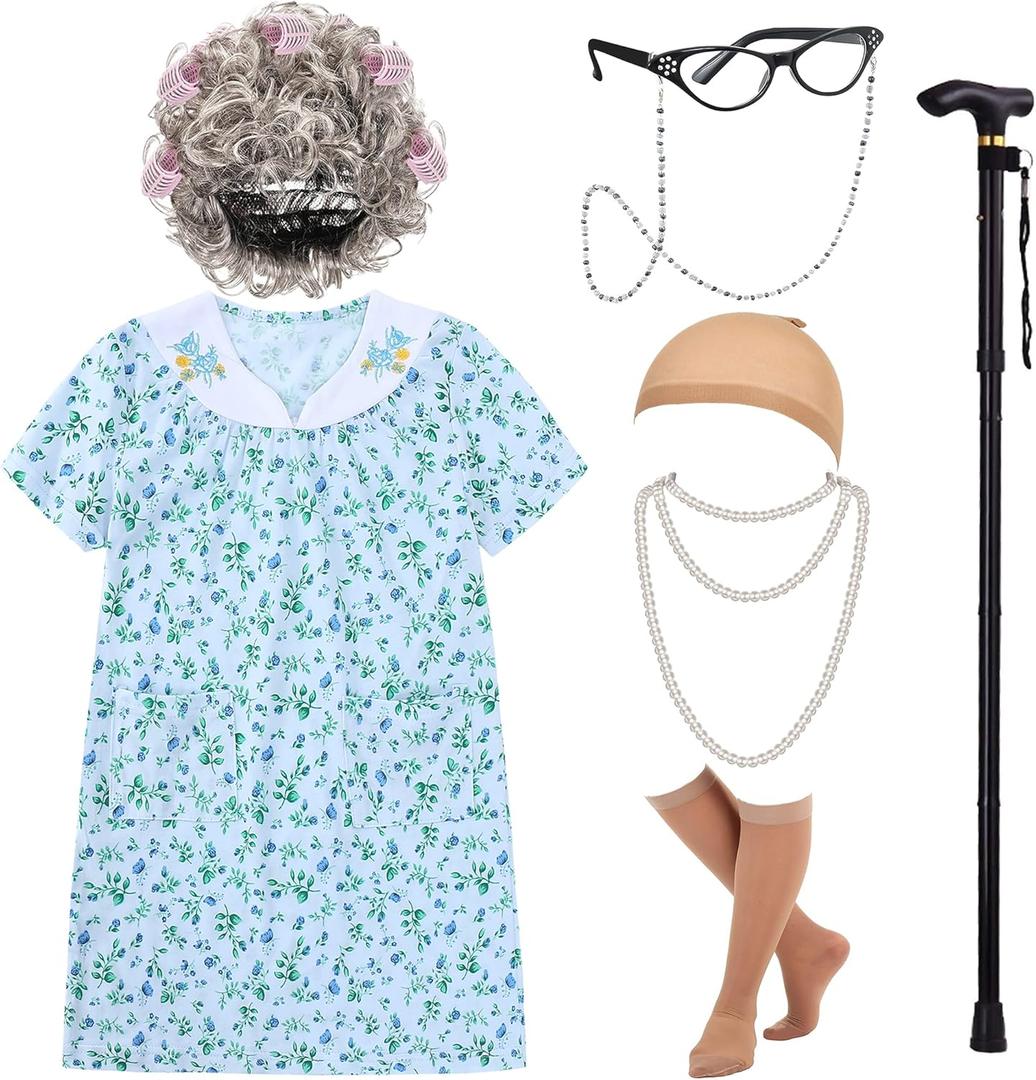 EBYTOP 2023 Girls Old Lady Costume Kit with Nightgown Wig Cane & Other Halloween Cosplay Accessories (Small(5-7yr))