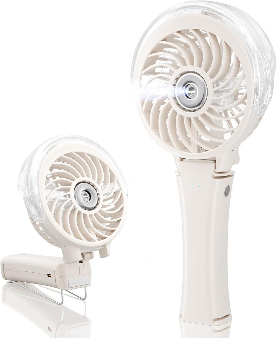 HandFan Upgraded Portable Handheld Misting Fan, Rechargeable Personal Mister, Battery Operated Spray Water Mist, Foldable Electric Mini Cooling Hand Fan for Beach, Travel, Outdoors, Makeup (Beige)
