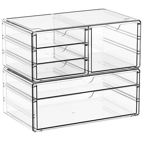 Yieach 2 Pack Acrylic Drawer Organizer With 6 Drawers,Stackable 11.1” Large Clear Storage Drawers and Makeup Organizer For Vanity,Bathroom Countertop,Cabinet,Pantry,Office Supply Storage Bins Drawers