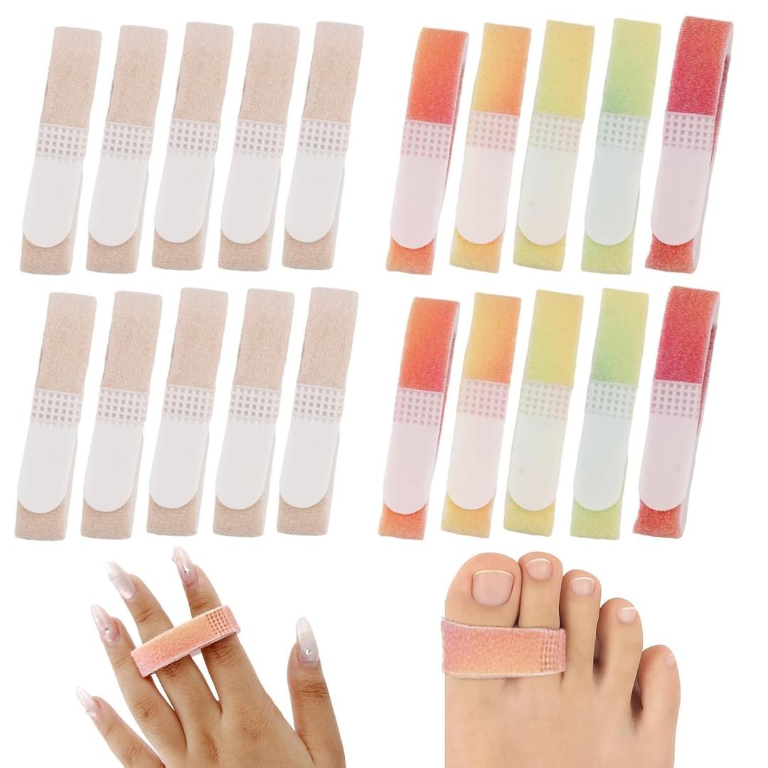 20Pcs Finger Splints - Adjustable Straps for Finger Support (Sprained/Broken) & Toe Spacer for Bunion Correction, Finger Splints with Hook & Loop Design (Nude+Multicolour)