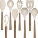 Silicone Kitchen Cooking Utensil Set, 9Pcs Kitchen Utensils Spatula Set with Wooden Handle for Nonstick Cookware, 446F Heat Resistant Silicone Kitchen Gadgets Utensil Set with Large Holder, Khaki
