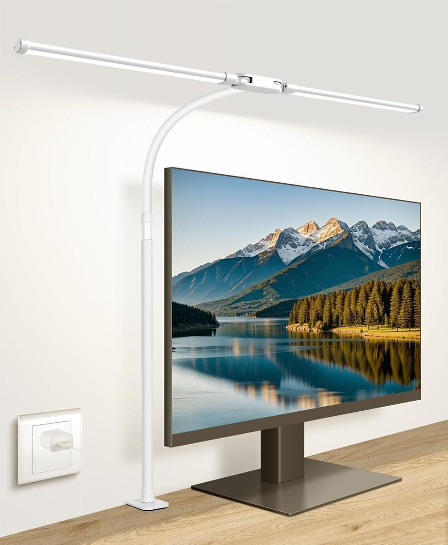 Desk Lamp with Clamp, with 5V 2A Adapter, LED Desk Lamp with Dual Head, 50 Light Modes, Computer Monitor Flexible Gooseneck Lamp, Eye Protection Desk Lamps for Study, Office, Crafts, Draw(White)