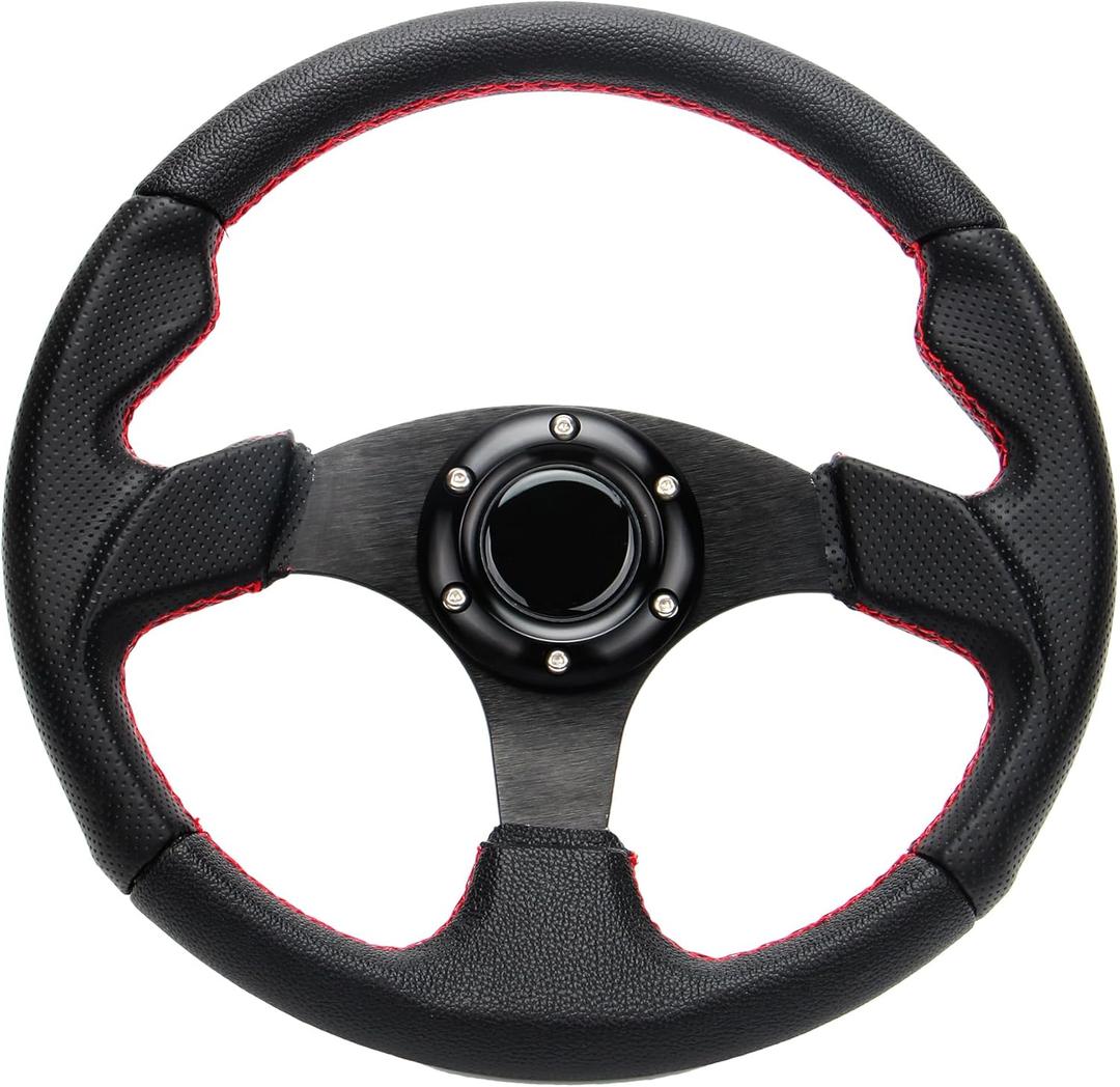 320mm 12.5'' Car Racing Steering Wheel PVC Leather Flat Drift Game Race Style Steering Wheel with Red Stitch and Horn Button (black)
