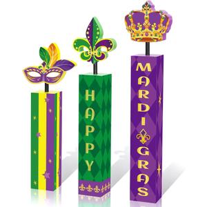3 Pcs Mardi Gras Table Decorations Set, 3D Wooden Mardi Gras Table Centerpieces, Rustic Carnival Tiered Tray Decor for Home Indoor and Mardi Gras Party Favors Supplies Decorations
