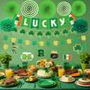 St. Patricks Day Party Decorations Set, Green Lucky Theme Decor with LUCKY Banner, Clover Hanging Swirls with Cutouts, Paper Fans & Tissue Pom Poms, Party Supplies for Home Office Classroom