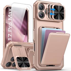 SSLOTSCASE for iPhone 17 Pro Max Case with 2X Screen Protector, HD Clarity Anti-Scratch, Card Holder & Kickstand & Slide Camera Cover, Military-Grade Heavy Duty Phone Cover for iPhone 17 Pro Max, Gold