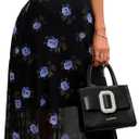 GothDark Women's Wedding Guest Floral Print Vintage Goth Dress Mesh Spliced Double-Layered Irregular Hemline Midi Dresses (Medium, Blue)