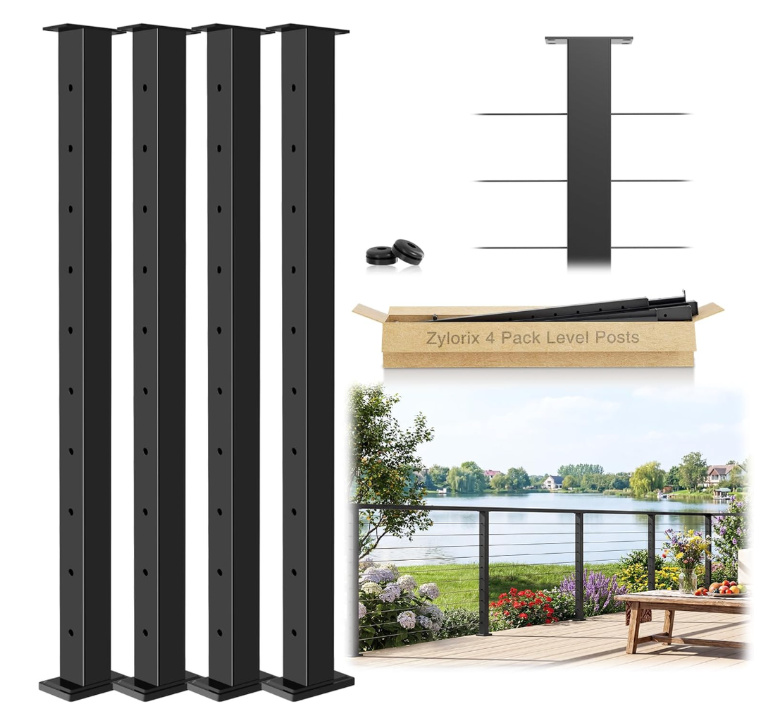 Zylorix 4Pack 36" Swageless Modular Cable Railing Post, Stainless Steel T304 Black Coated Surface Mount 35"x2"x2" Level Drilled Line Post for Cable Railing System Deck Indoor Outdoor Porch Balcony