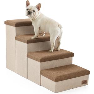 Dog Stairs with Storage, 4-Step Wider Sturdy Dog Steps for Small/Medium/Large Dogs and Older Cats, Folding Doggie Ramp for Bed/Couch/Car Hold Up to 180 lbs (22" H, Brown)