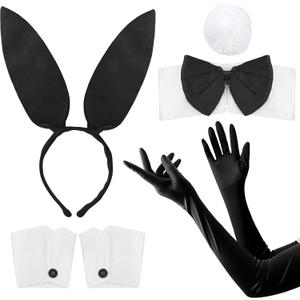 Bunny Costume Set Rabbit Ear Headband Bow Tie Collar Long Gloves Costume Cuffs Bunny Tail Accessory for Easter Party