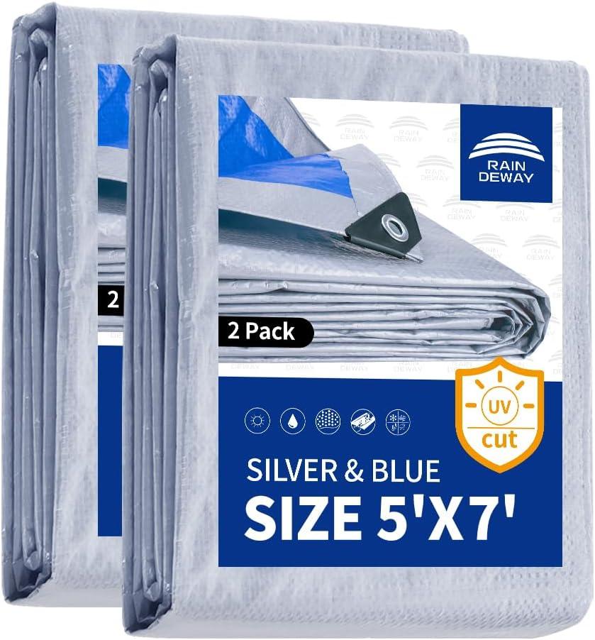 RAINDEWAY Small Tarps 5x7 Feet (2 Pack), 5.5 Mil Thick, Multipurpose Waterproof Poly Tarp Cover with Metal Grommets and Reinforced Edges, Silver/Blue Tarp