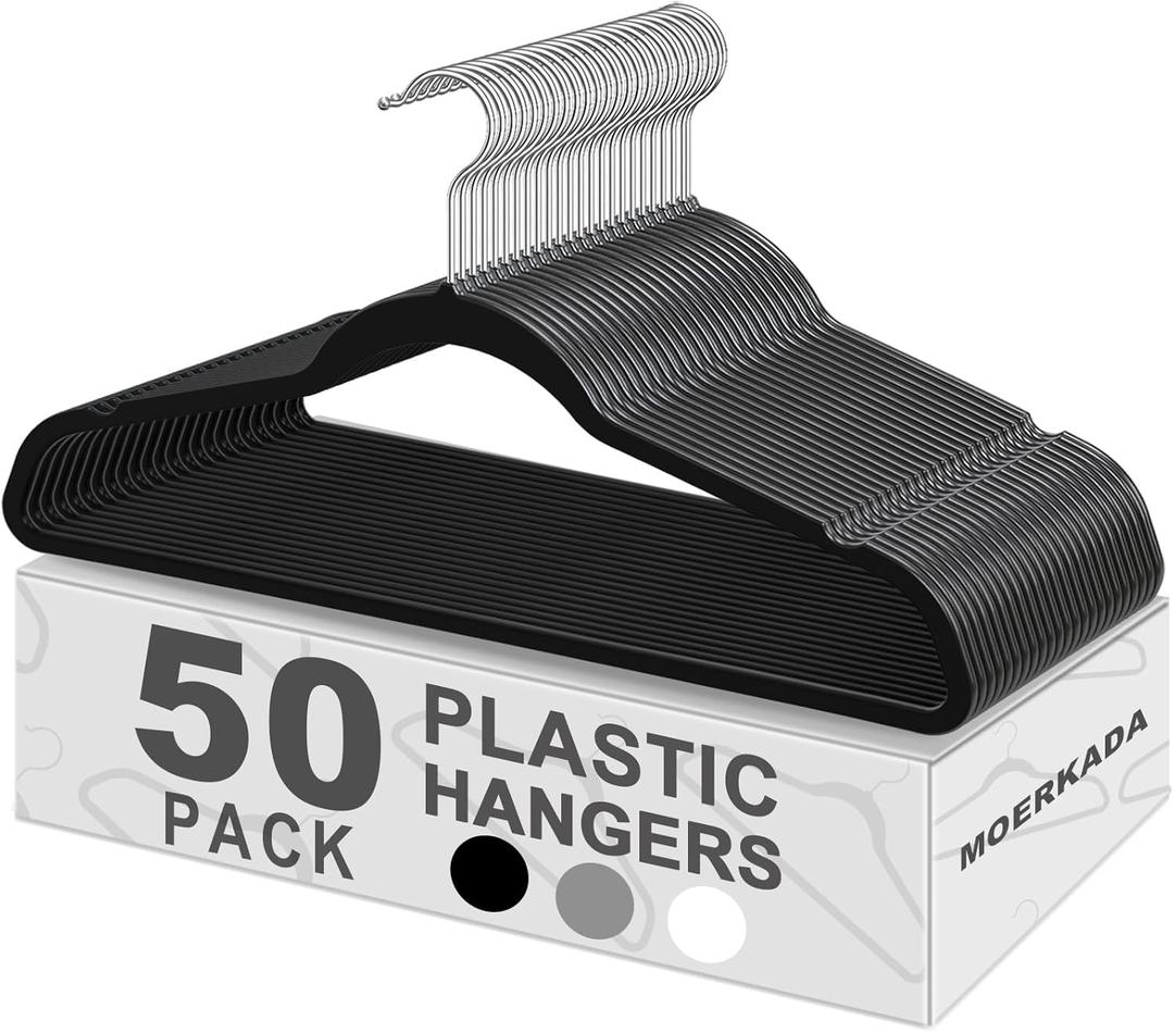 Hangers 50 Pack,Ultra-Thin Plastic Clothes Hangers (17.7 Inch) - Space-Saving Slim Hangers with Non-Slip Grooves for Wardrobe, Closet & Dorm Organization(Black)