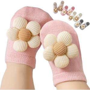 Baby Girl Socks with Non-Slip, Cute Flower Grippy Design Toddler Ankle Socks Gift for Newborn Babies Infants 4 Pairs (0-12 Months)