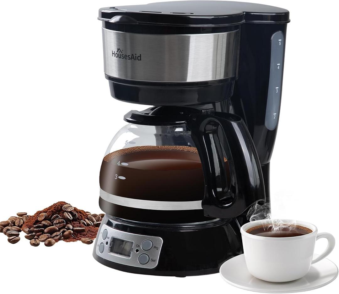 5-Cup Programmable Drip Coffee Maker with Digital Timer, Glass Carafe,24-Hour Auto Brew,2-Hour Auto Shut-Off, Pause & Pour, Removable Filter Basket, Compact Coffee Machine for Home & Office