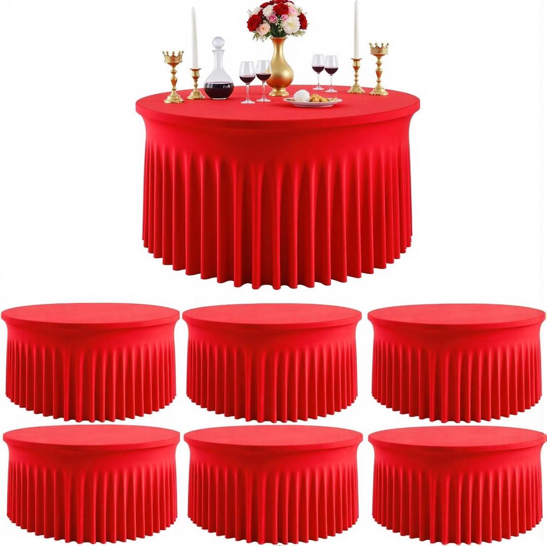 Outpain 6 Pack Red 72inch Spandex Round Tablecloths Stretchy 132inch Fitted 6FT Round Table Cloths, Wrinkle Free Table Cover with Skirt for Wedding Party Dining Banquet