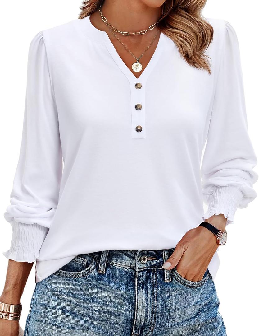 Uhiger Womens Tunic Tops Dressy Casual Long Sleeve Henley V Neck Shirts for Women Button Up Blouse (White, XL)