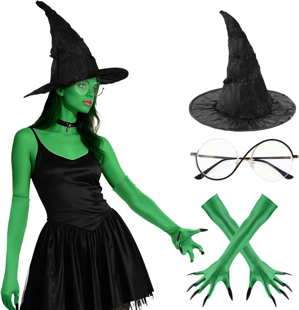 4PCS Witch Costume Accessories Set Wicked Costume Witch Costume Accessories with Hat Gloves Glasses