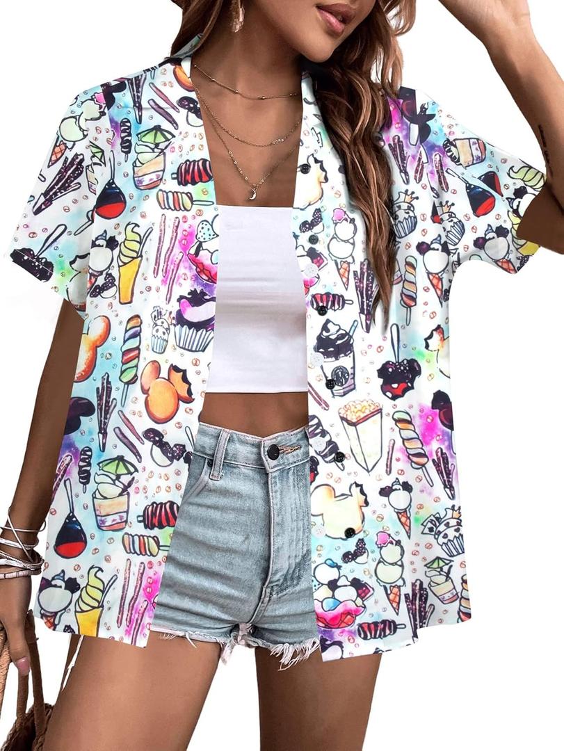 VILOVE Magical Shirt for Women Magic Hawaiian Shirts Princess Tshirt Funny Castle Graphic Family Vacation Button Up Tops (Medium, A-white-snacks)