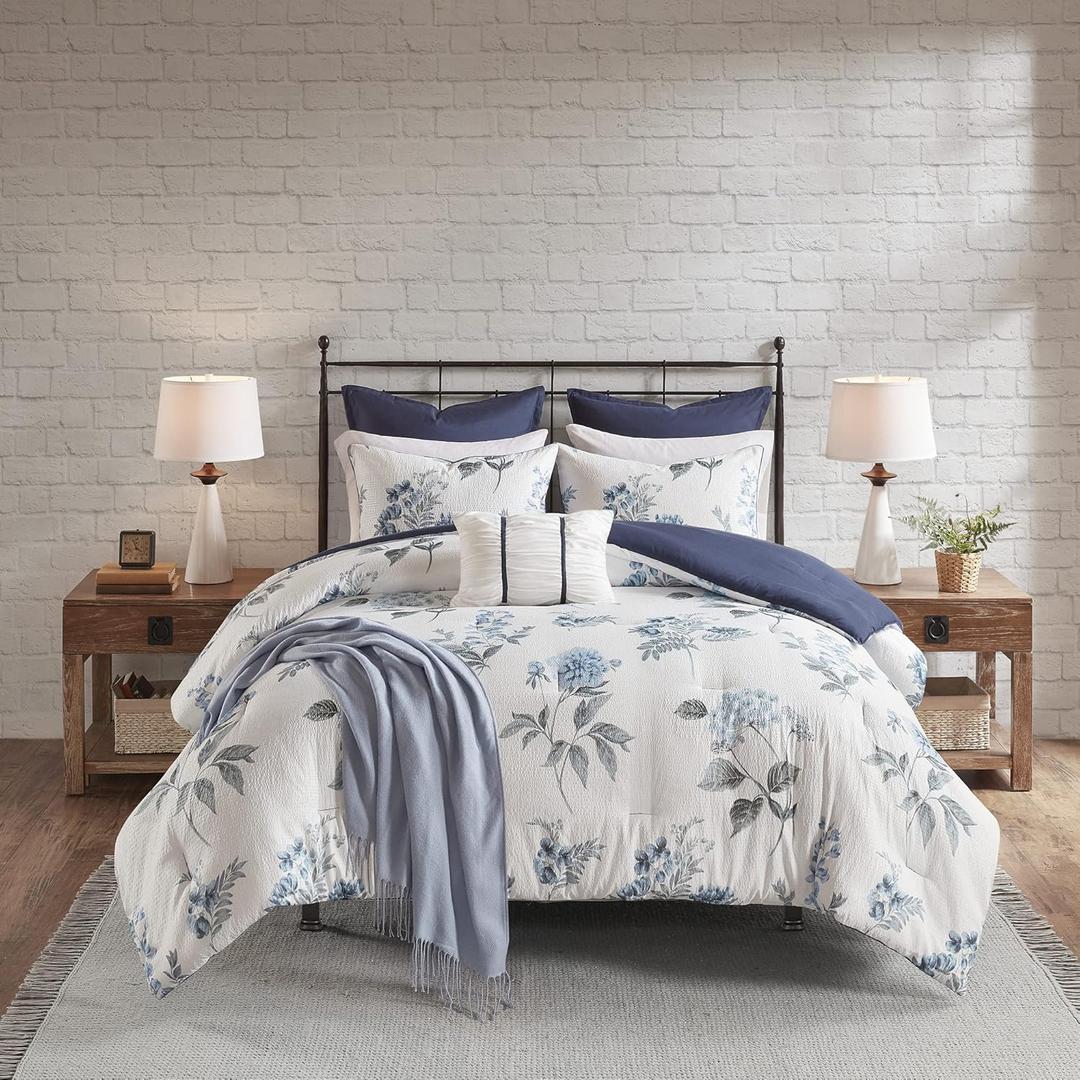 Madison Park Zennia Farmhouse Comforter Set with Throw-Blanket, Floral Print on Seersucker Textures, All Season Bedding, Matching Shams, Toss Pillows, Full/Queen(90"x90"), Blue 7 Piece