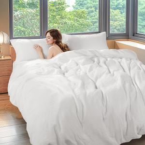 Shilucheng 100% Linen Queen Duvet Cover Set, Luxury Pure Natural French Flax Linen Duvet Cover with Zipper Closure & Corner Ties, Cooling Breathable Comforter Cover 3 Piece (White)