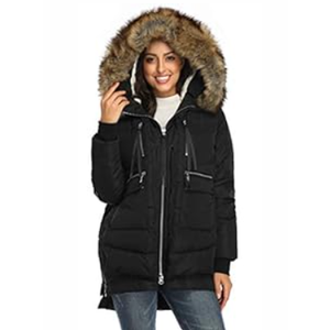 FADSHOW Women's Winter Thickened Down Jackets Long Down Coats Warm Parka with Fur Trimmed Hood, Black, S