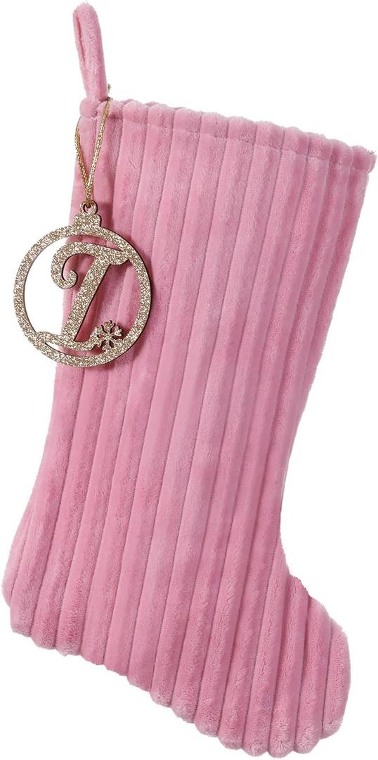 2 x 19.5 Inch Embossed Stripe Christmas Stocking,Personalized Xmas Stocking with Gold Wooden Initial Monogram,Fireplace Christmas Party Decoration and Xmas Gift(Pink,Letter I)