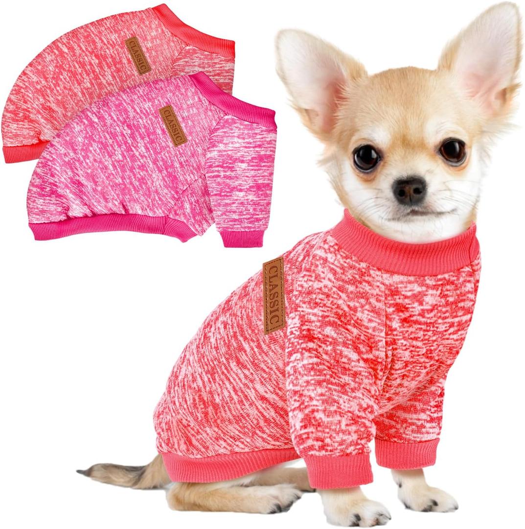 2 Pcs Dog Sweaters for Small Dogs Girl Boy Winter Fleece Clothes Warm Soft Dog Sweatshirt Outfit for Dogs Cats Pet Apparel (XS (Back: 9.8", Chest: 13.7", 3.5-5.5 lbs), Rose+Red)