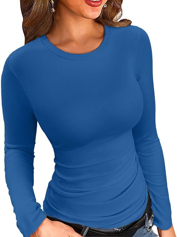 VICHYIE Fall Clothes Womens Crewneck Ribbed Long Sleeve Shirts Slim Fitted Tee Casual Basic Tshirt Top Size M
