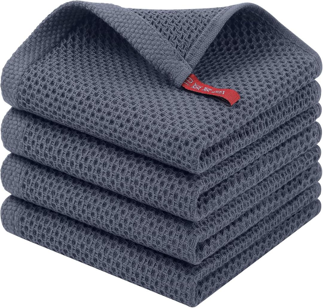 Homaxy 100% Cotton Waffle Weave Kitchen Dish Cloths, 4-Pack Ultra Soft Absorbent Dish Towels, Quick Drying Dish Rags, 12 x 12 Inches, Dark Grey