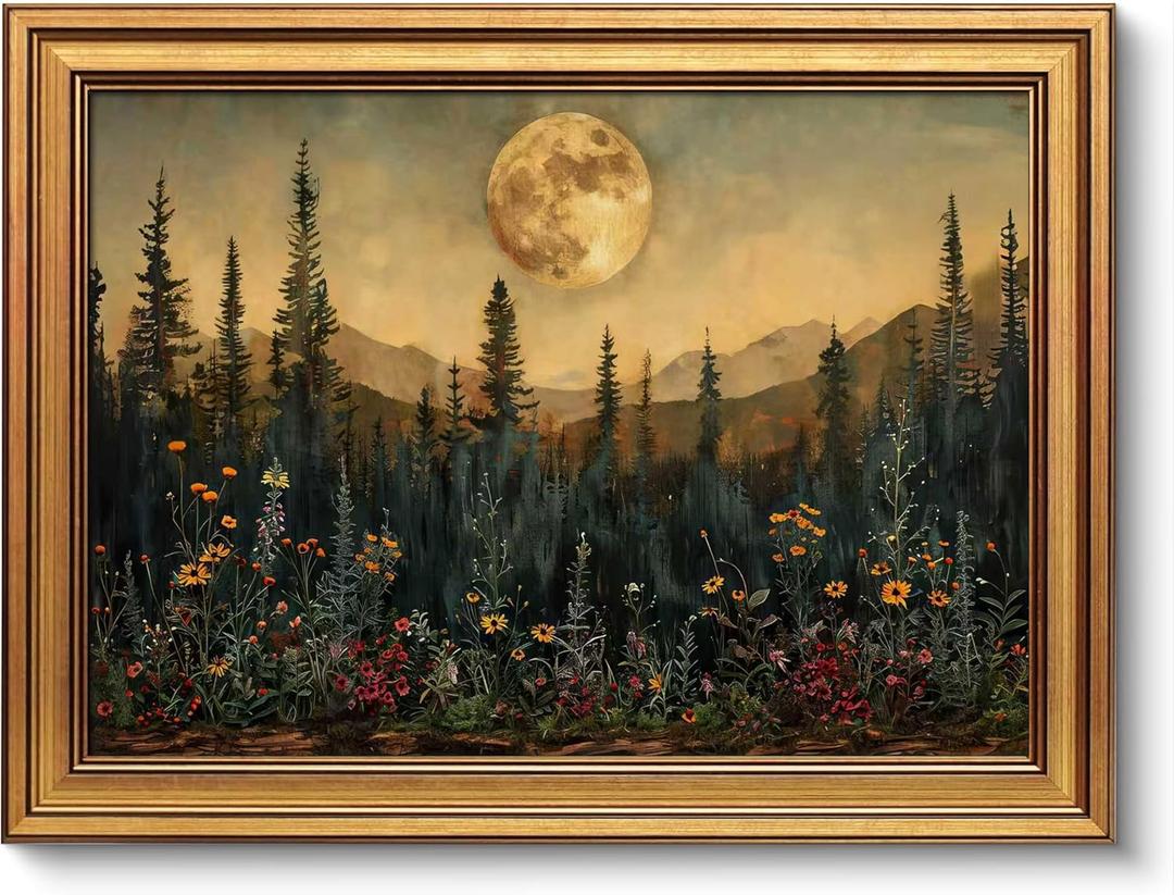 Gold Framed Vintage Wall Art for Room Decor Moon Forest Wall Dark Woodland Wildflower Canvas Prints Painting for Living Kitchen Bathroom Bedroom Desktop Artwork 12x16 Inch