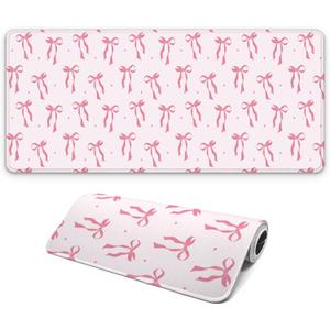 Large Computer Mouse Pad with Non-Slip Base for Desktop, Cute Gaming Mouse Mat with Stitched Edges, Long Extended Anime Mousepad for Laptop, 31.5 x 11.8 inches (Pink Ribbon Bow)