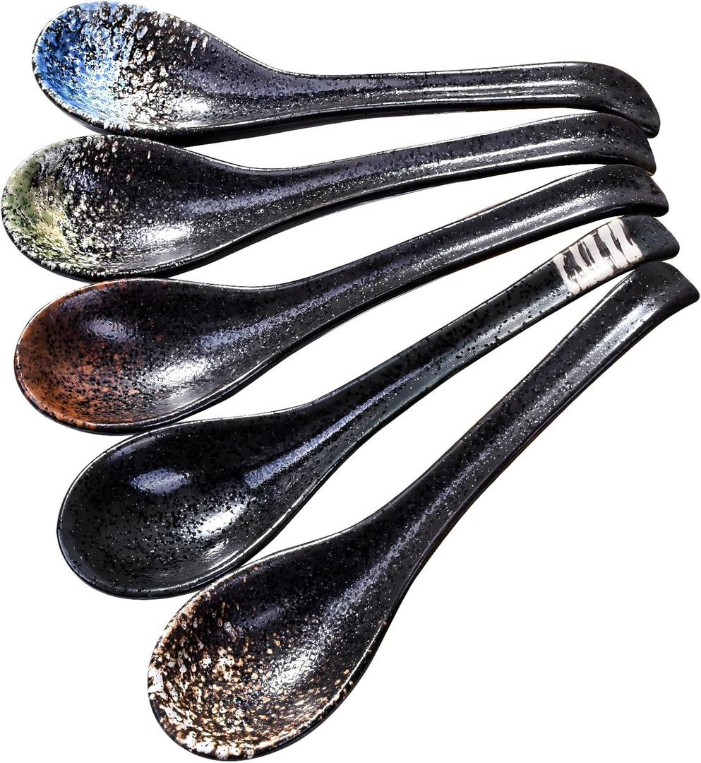 7 inch Long Handle Japanese and Korean Ramen Spoon Set of 5 Curved Handle Asian Chinese Soup Spoons for Miso Pho Spoons