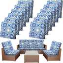 Newwiee 12 Pcs Patio Cushion Covers Outdoor Stretch Sofa Couch Cover Replacement Couch Slipcover Sofa Seat Chair Porch Patio Furniture Protector, Flexibility Washable(Blue Series,Retro)