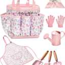 Kids Gardening Tool Set Toys - 8 Pieces Quality Garden Kit for Toddlers & Kids with Shovels, Rake, Watering Can, Hat, Apron, Gloves & Storage Bag (Pink Flower)