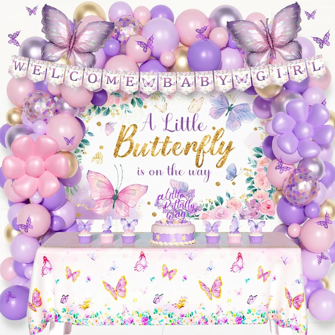 Butterfly Baby Shower Decorations for Girl, Purple Pink Floral Baby Shower Supplies, A Little Butterfly Is On the Way Backdrop Balloon Tablecloth Banner Cake Cupcake Topper Cutout