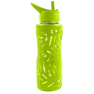 Top&Top 25oz Glass Water Bottles with Straw Cap Wide Mouth Sports Water Bottles with Protective Silicone Sleeve + 2 Reusable Different Leak-Proof Lids (BPA Free) for Fitness and Outdoor (Yellow)