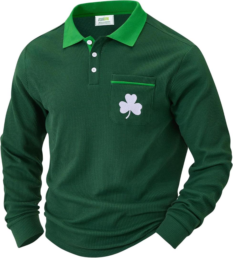 Arvilhill Men St Patrick's Day Polo Shirts Classic Irish Long Sleeve Collared Shirt (S-3XL) (Medium, Green - Embroidery Clover)