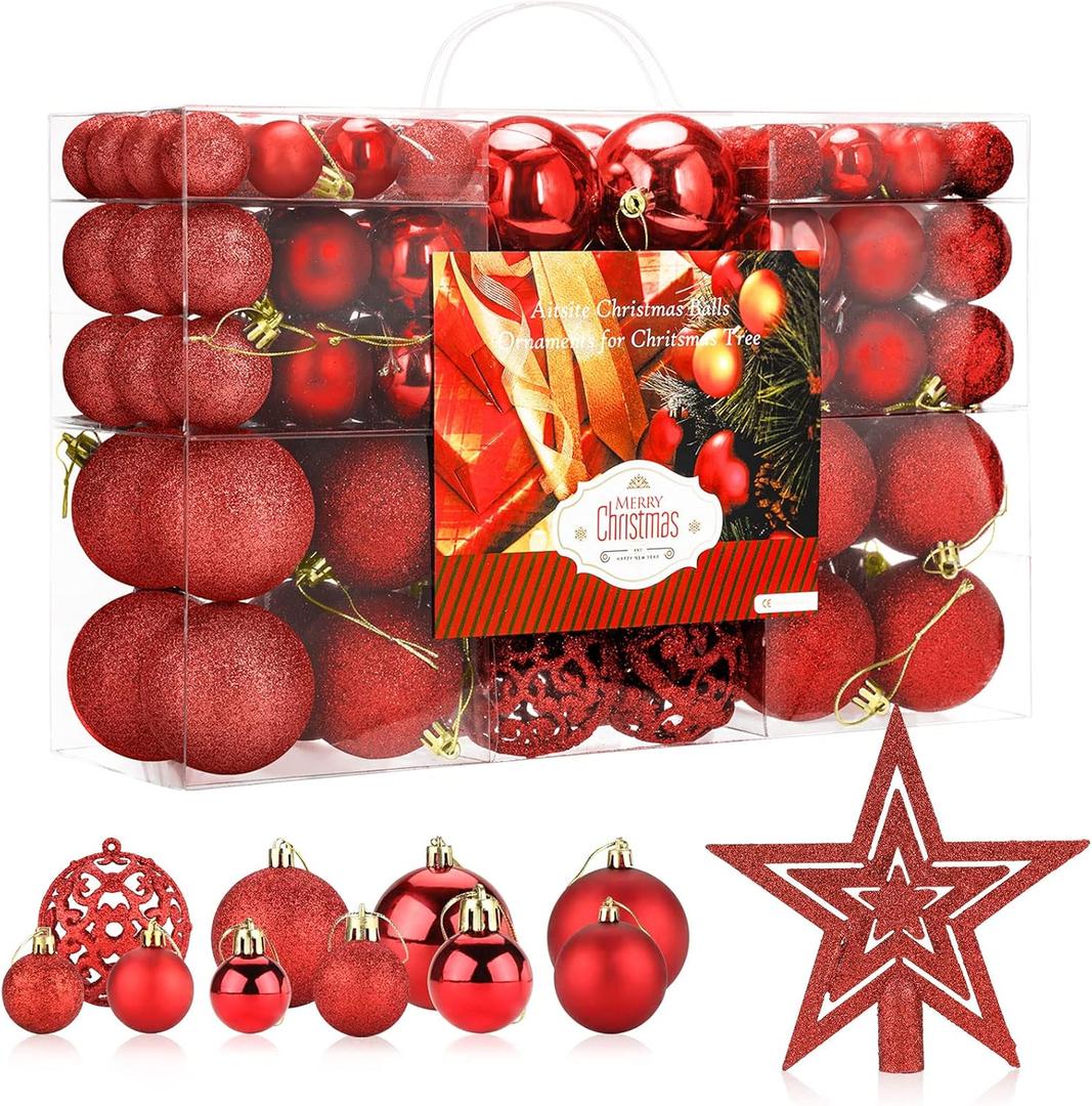 Aitsite 100 Pack Christmas Tree Ornaments Set Mini Shatterproof Holiday Ornaments Balls for Christmas Decorations (Red)