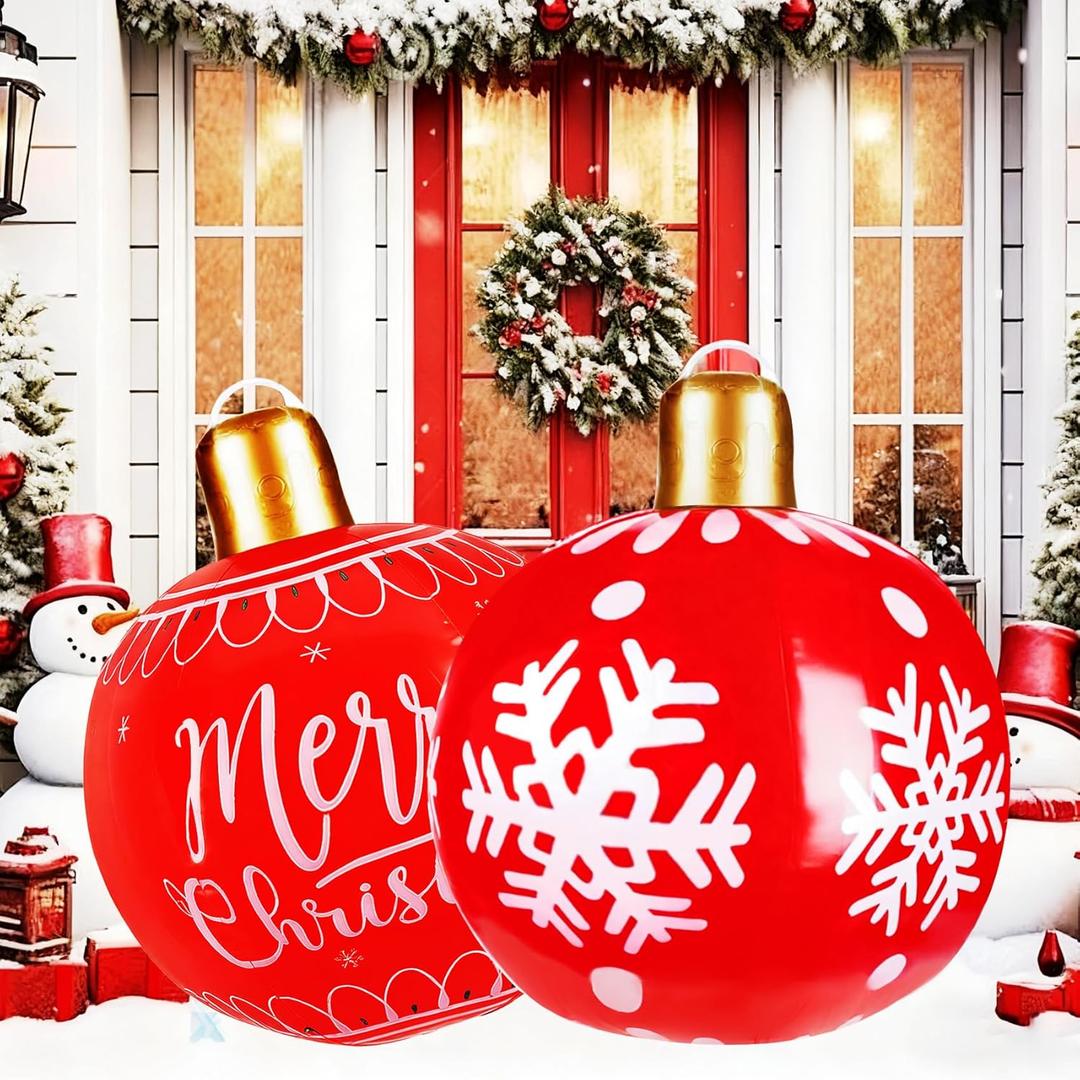 2 Pcs 22 Inch Inflatable Christmas Ornaments Large Inflatable Christmas Balls Outdoor Giant PVC Blow Up Xmas Ornaments Balls for Xmas Lawn Yard Garden Porch Front Door Holiday Decorations (Red)