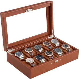 ProCase Lockable Watch Case, 10-Slot Display Storage Box with Glass Lid, Scratch-Free Velvet Lining & Combination Lock, Secure Watch Organizer for Men, Home, Office or Store Display - Brown