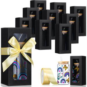 Honoson 24 Pcs Tumbler Gift Box with Ribbon for Sublimation Glass Exhibition Boxes Transparent for 12oz 16oz 20oz Drinking Cup Glasses Jars Mug Can Blanks(Black)