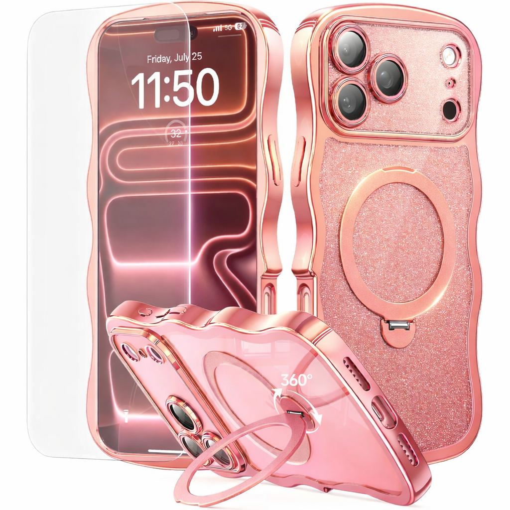 3 in 1 for iPhone 17 Pro Max Case with 360° Spin Magnetic Stand, 1X DIY Glitter Cardstock+1X Screen Protector, [Fit for Magsafe]Cute Wavy Glossy Clear Phone Cover for Women Girls 6.9"