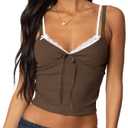 Lace Camisole Tops for Women Spaghetti Strap Cami Shirt Crop Tops Ribbed Knit Slim Fit Tanks Coffee L (L)