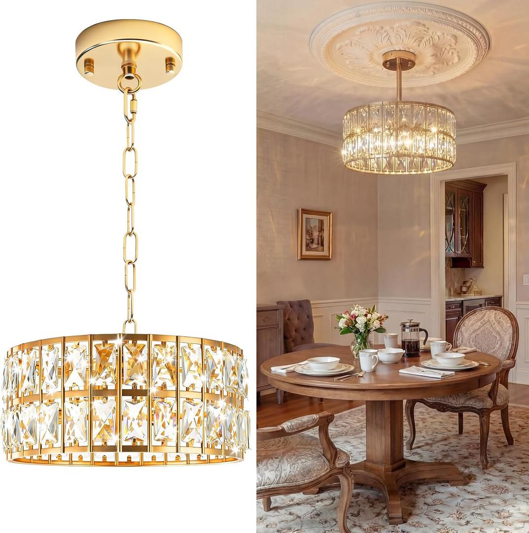 Gerrii Modern Small Crystal Chandelier for Closet & Hallway, 12" Gold Crystal Ceiling Light, Mini Flush Mount Lighting for Entryway, Bedroom & Small Spaces, Elegant Modern Lighting Fixture
