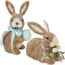 DR.DUDU Set of 2 Easter Decorations Bunny Figurines with Eggs, Spring Straw Rabbit Tabletop Decor, Rustic Sisal Bunny Statues Springtime Decor for Home Table Office Kitchen Farmhouse
