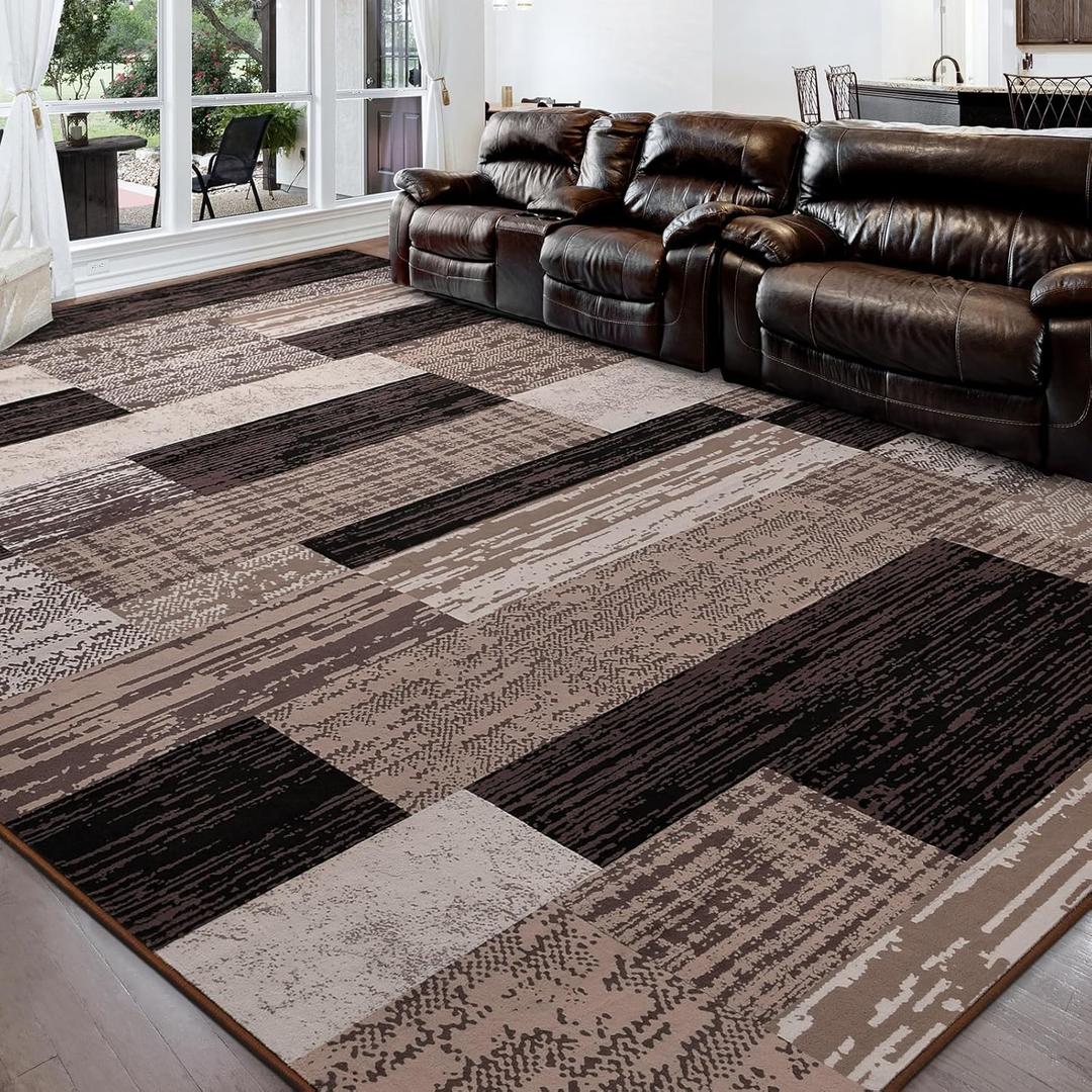 FlyDOIT Modern Geometric Patchwork Area Rug, 5x8 Chocolate Large Rugs for Living Room, Rockwood Collection Indoor Rugs for Bedroom, Throw Carpet Floor Decor for Entryway Dining Room Office Nursery (5ft x 8ft)