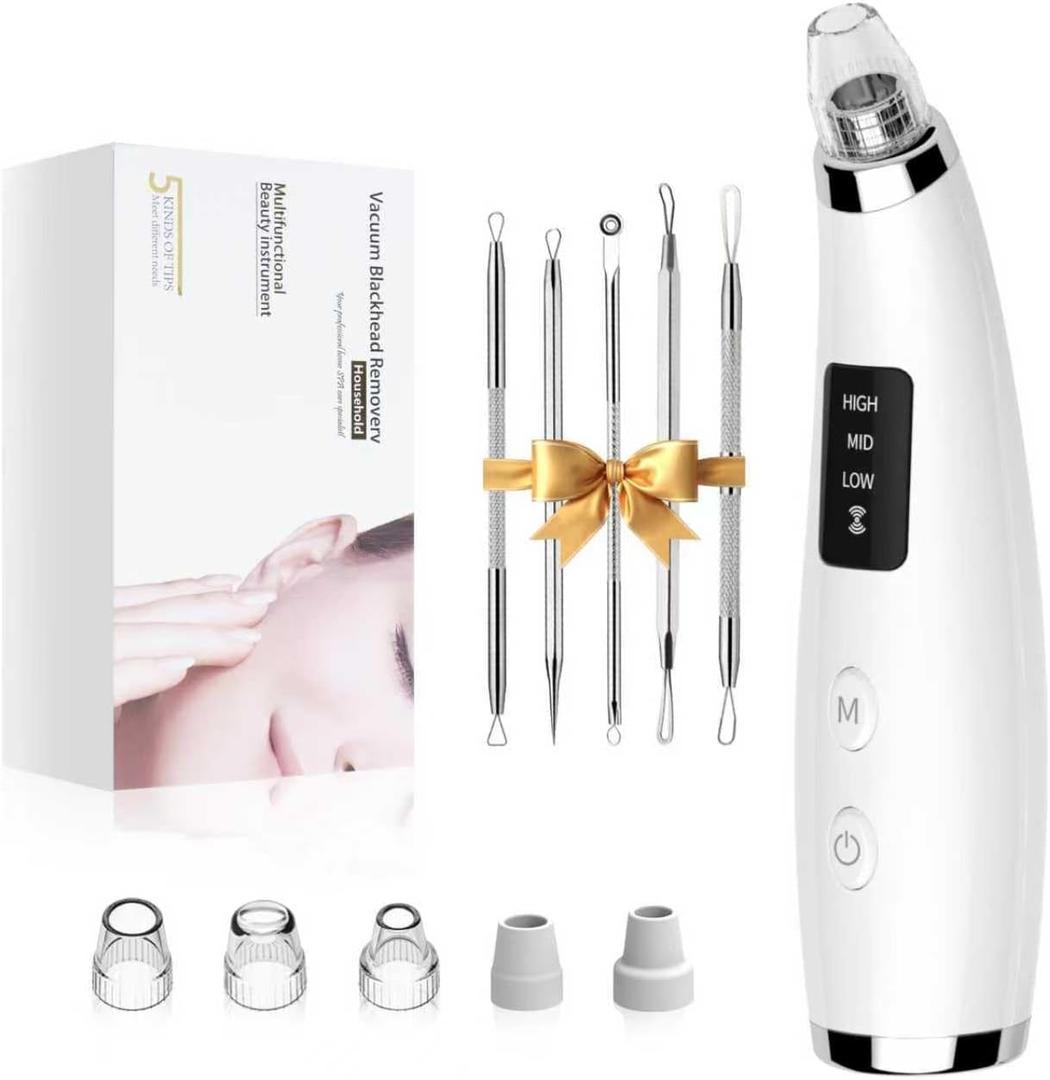 Rechargeable Blackhead Vacuum Pore Cleaner - 5 Attachments & 3 Suction Levels for Deep Facial Cleansing, USB-Powered Blackhead Remover for Women and Men (White)