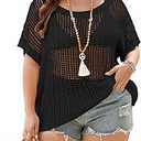 Alsol Lamesa Women's Plus Size Crochet Tops Short Sleeve Hollow Out Loose Scoop Neck Beach Crochet Cover Up 1X-5X Size 2XL Black
